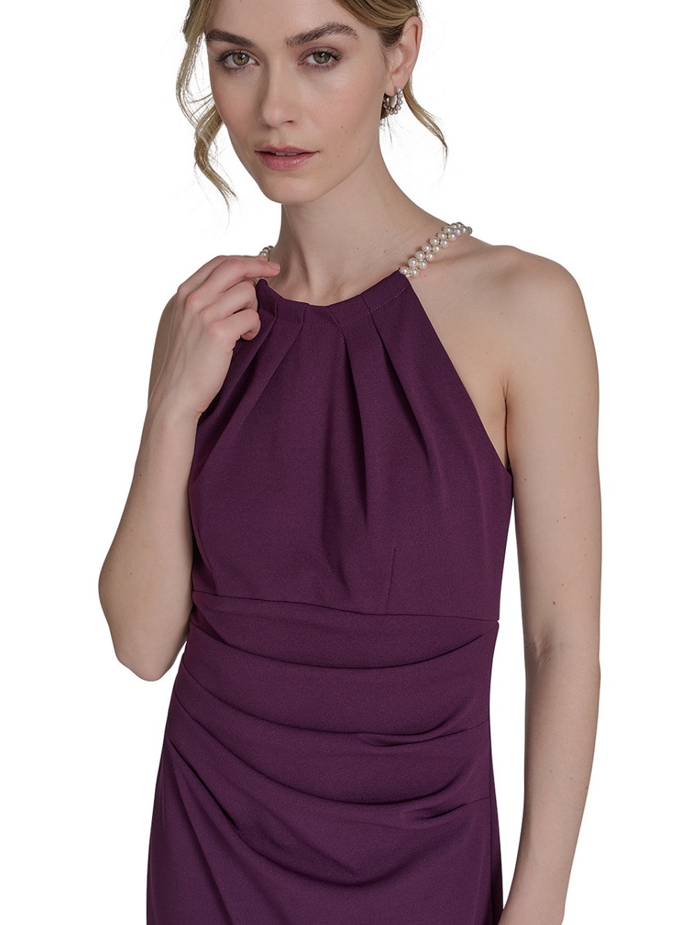 Eliza J Plum Pearl-Strap Halter Maxi Dress